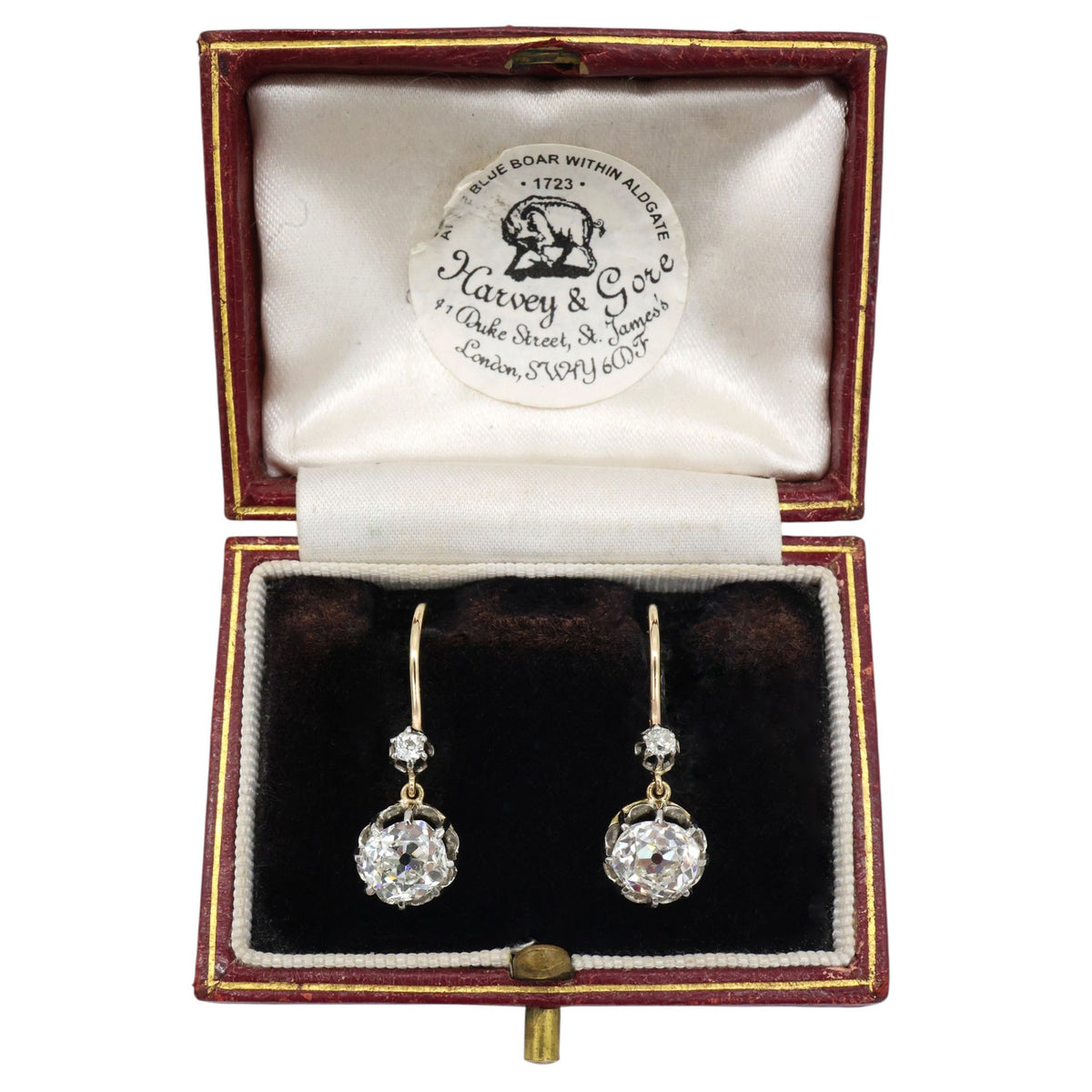 Antique Old-Cut Diamond Platinum and Gold Drop Earrings, 2.60ct, Circa 1910