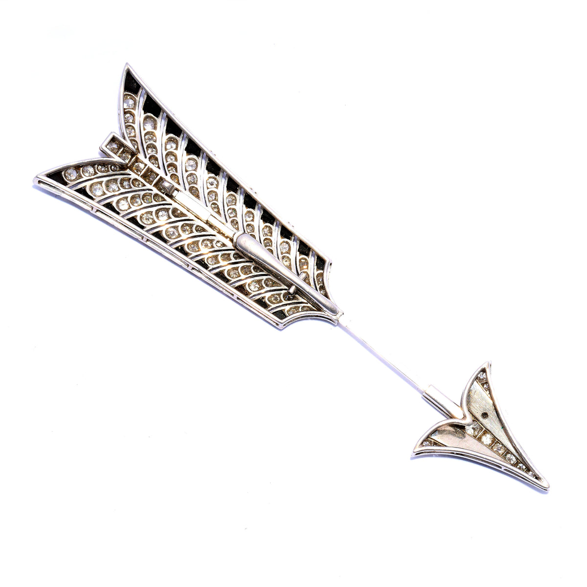 A black onyx and diamond ornate arrow jabot pin brooch, in platinum
