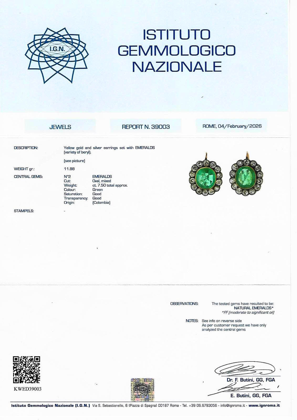 An official Italian gemstone certification report from Istituto Gemmologico Nazionale for a pair of emerald gemstones in a silver and gold setting. The certificate includes a detailed description, technical specifications, a high-quality product photo showing the pair of earrings, and a QR code.