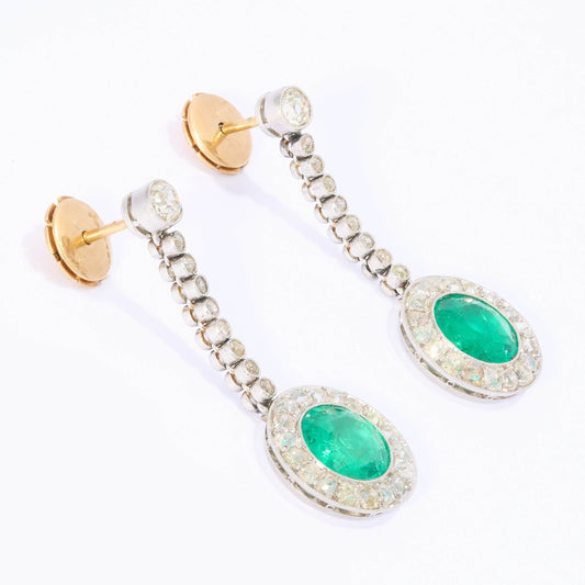 A pair of round emerald and old cut diamond cluster drop earrings in platinum, with yellow gold alpha fittings