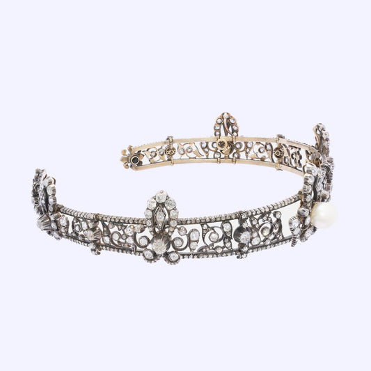 Antique Diamond Natural Pearl and Silver-Upon-Gold Diadem Necklace, Circa 1880