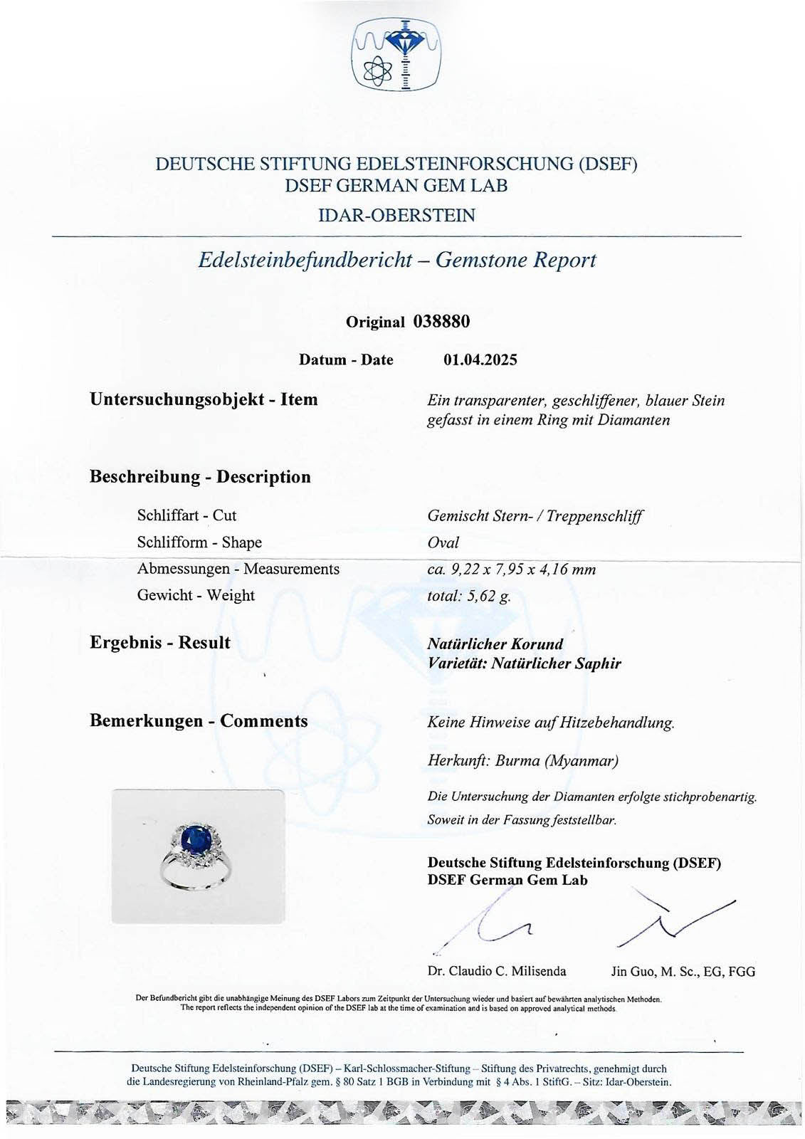 A gemstone report certificate from the Deutsche Stiftung Edelsteinforschung (DSNF) for an oval natural sapphire. The document features a blue and white logo at the top.