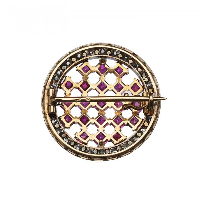 Antique Austrian Burma Ruby Diamond and Silver-Upon-Gold Chequerboard Brooch, Circa 1890