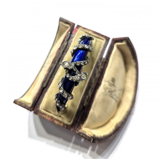 Antique Blue Enamel, Diamond, Ruby and Gold Snake Bangle, Circa 1850