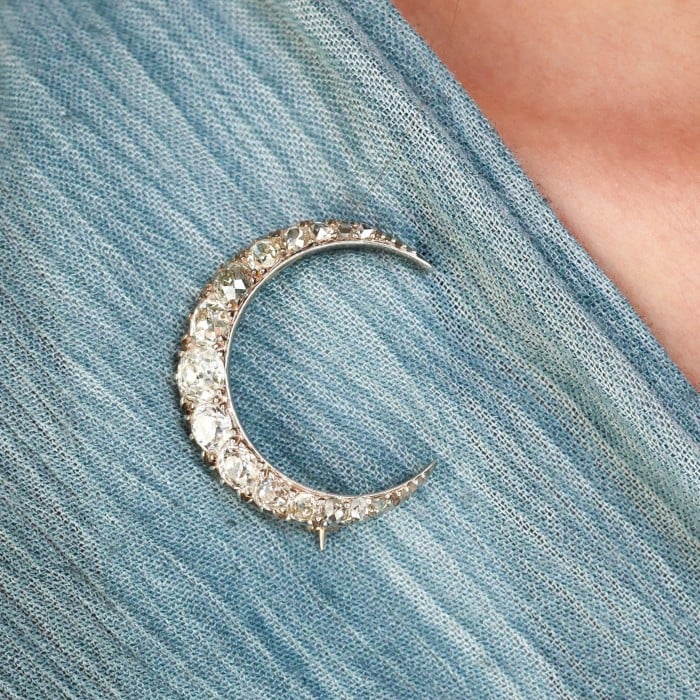 Antique Diamond and Silver Upon Gold Crescent Brooch, Circa 1890, 4.00 Carats