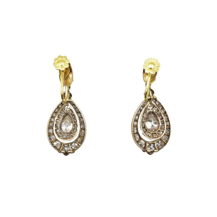 Antique Diamond and Silver Upon Gold Earrings, Circa 1870, Once Owned by Viscountess Gwladys Chaplin