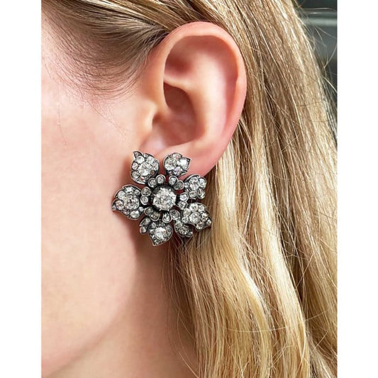 Antique Diamond and Silver-Upon-Gold Flower Earrings, Circa 1880, 9.00 Carats