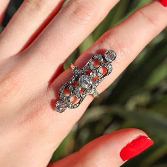 Antique Diamond and Silver Upon Gold Plaque Ring, Circa 1900