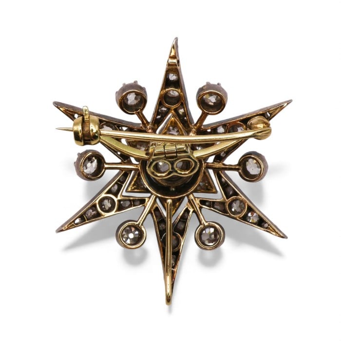 Antique Diamond and Silver Upon Gold Six Point Star Brooch, With Rays, Circa 1890