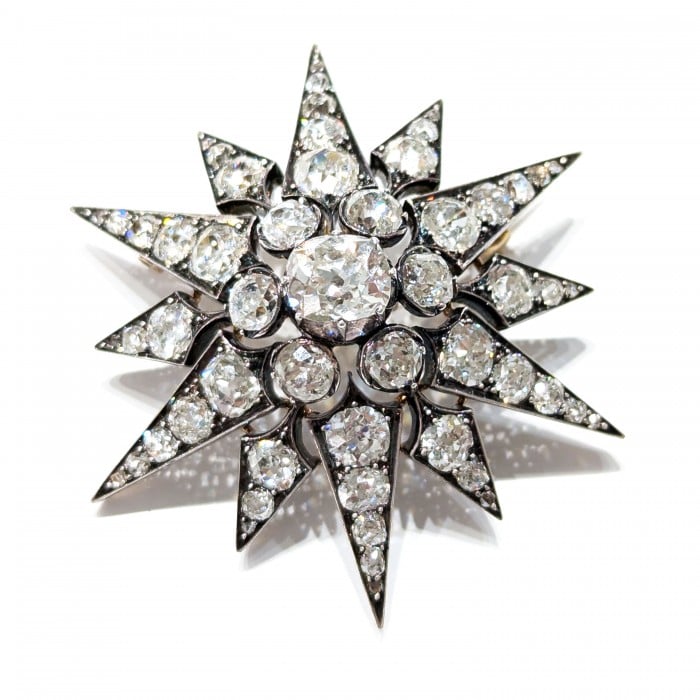 Antique Diamond and Silver Upon Gold Twelve Point Star Brooch, Circa 1880, 11.26 Carats