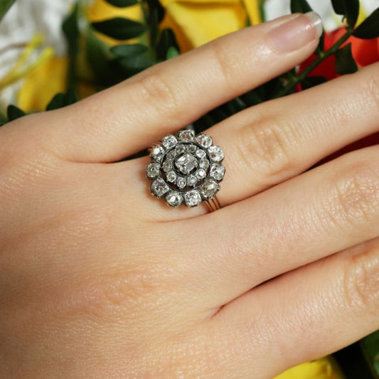 Antique Georgian Diamond and Silver Upon Gold Cluster Ring, Circa 1830