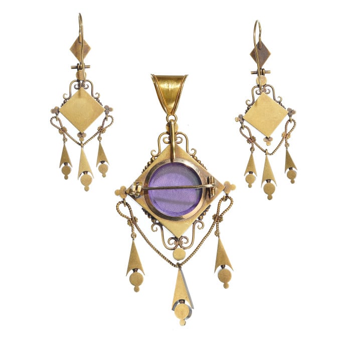 Antique Italian Micromosaic and Gold Brooch-Cum-Pendant and Earrings Suite, Circa 1870