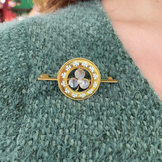 Antique Moonstone Natural Pearl Enamel and Gold Lucky Clover Brooch, Circa 1900