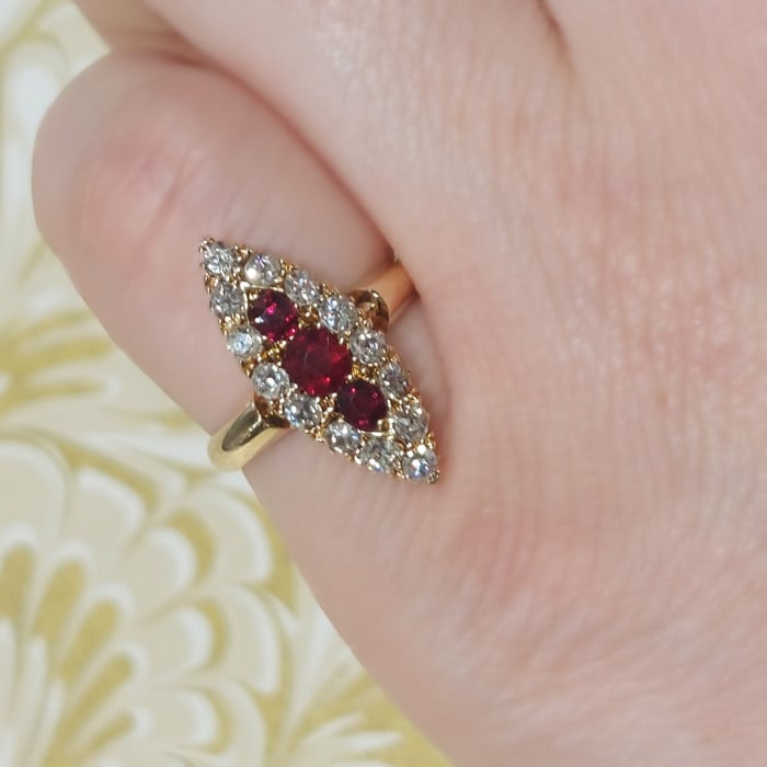 Antique Ruby Diamond and Gold Navette Shaped Cluster Ring, Chester Hallmark, 1901