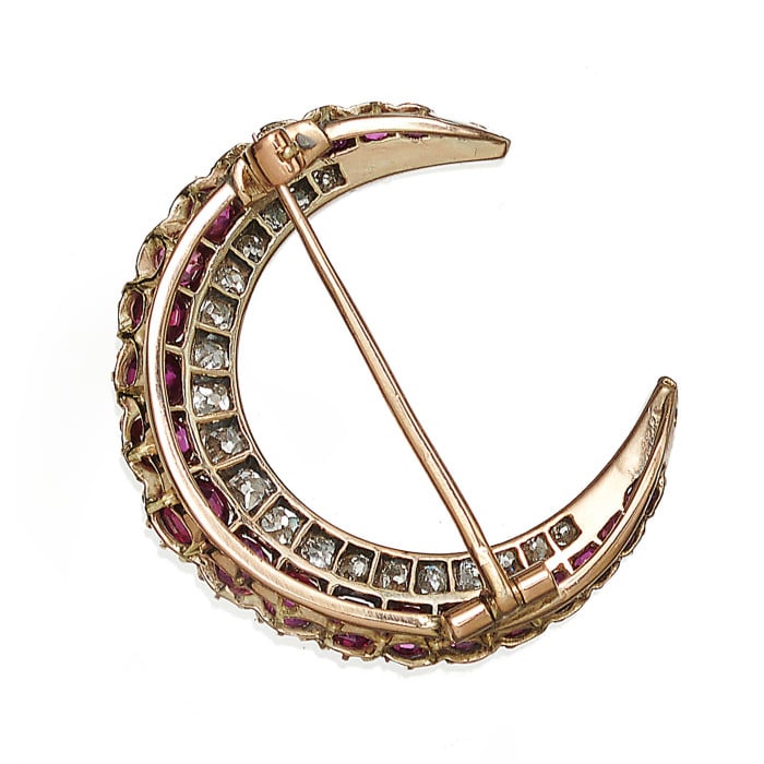Antique Ruby Diamond Gold and Silver Crescent Brooch, Circa 1900