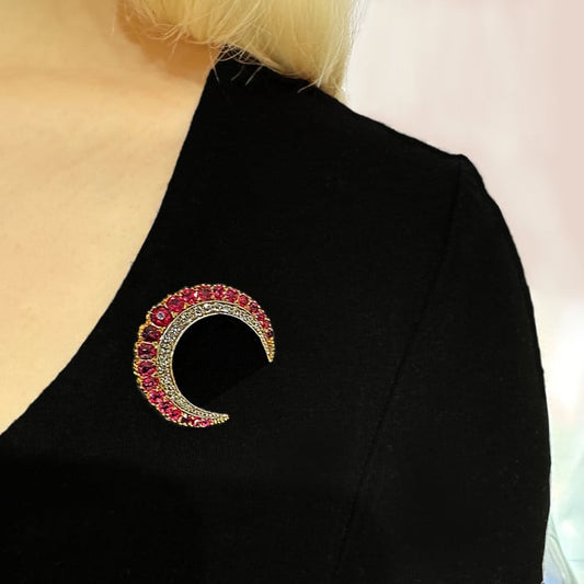 Antique Ruby Diamond Gold and Silver Crescent Brooch, Circa 1900