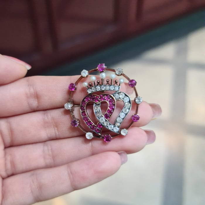 Antique Ruby Diamond Pearl Gold and Silver Luckenbooth Heart Crown and Circle Brooch, Circa 1910