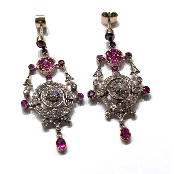 Antique Ruby Diamond Silver and Gold Drop Earrings, Circa 1880