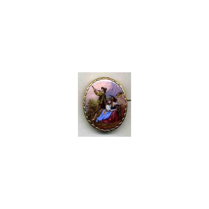 Antique Swiss Enamel and Gold Mountain Scene Brooch, Circa 1840