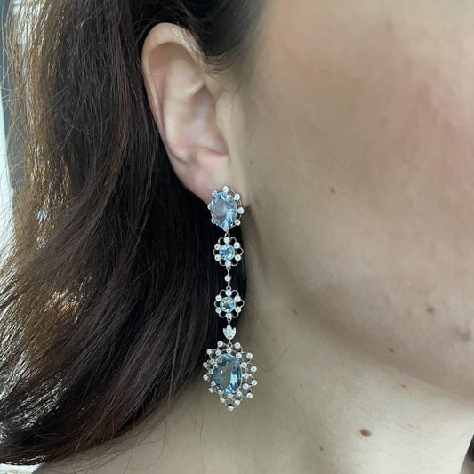 Aquamarine, Diamond and Platinum Cluster Drop Earrings