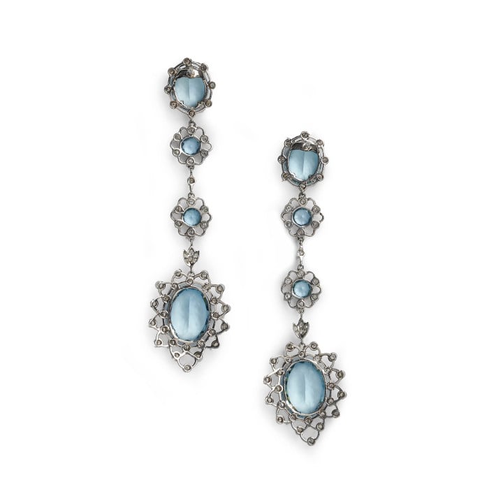 Aquamarine, Diamond and Platinum Cluster Drop Earrings