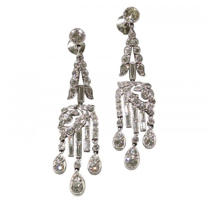 Art Deco Diamond and Platinum Drop Earrings, Circa 1920, 7.00 Carats