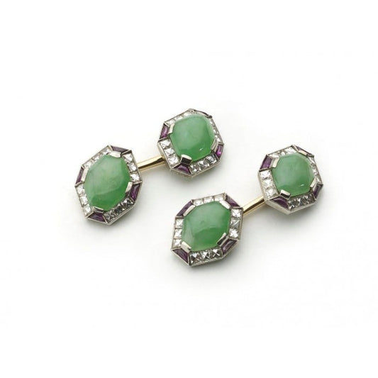 Art Deco Jade, Ruby and Diamond and Platinum Cufflinks, Circa 1920