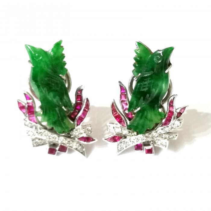 Art Deco Jade, Ruby, Diamond and Platinum Phoenix Earrings, Circa 1920