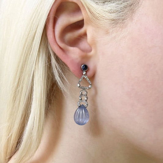 Art Deco Marzo Sapphire and Diamond Drop Earrings, Circa 1930
