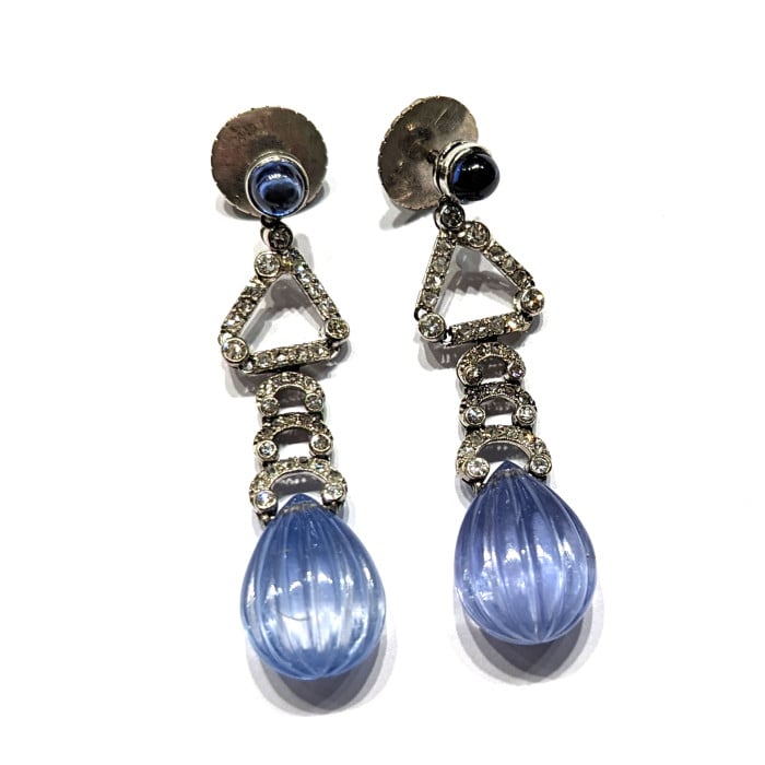 Art Deco Marzo Sapphire and Diamond Drop Earrings, Circa 1930