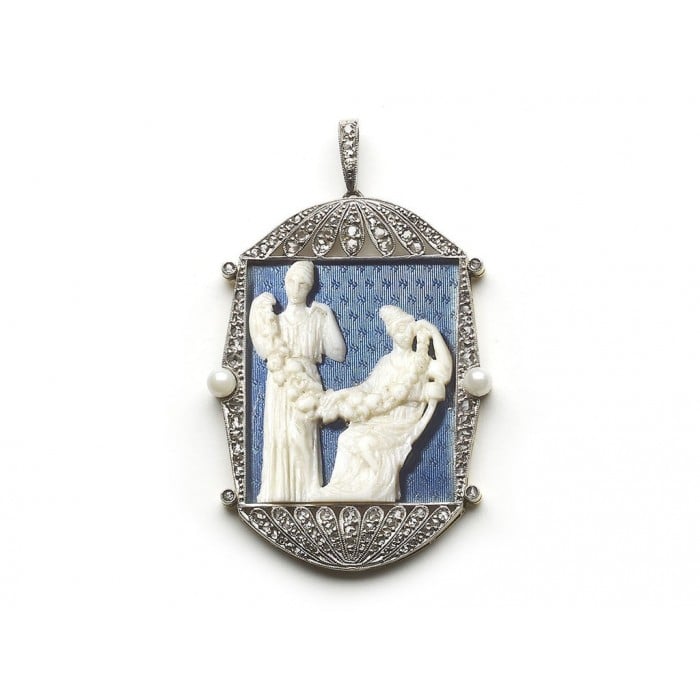 Art Deco Pearl Diamond and Platinum Pendant, Circa 1930