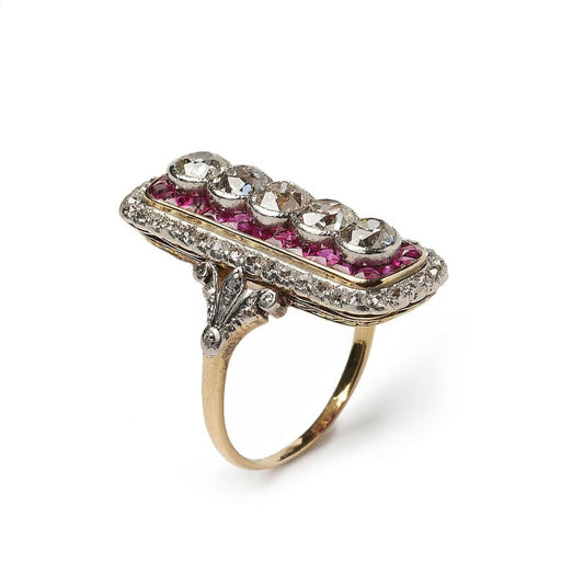 Art Deco Ruby, Diamond Gold and Platinum Plaque Ring, Circa 1920