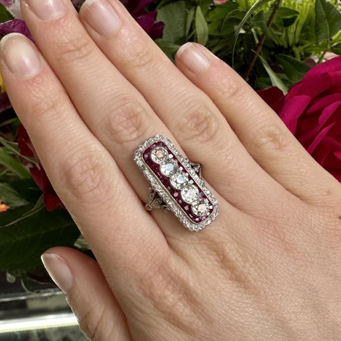 Art Deco Ruby, Diamond Gold and Platinum Plaque Ring, Circa 1920