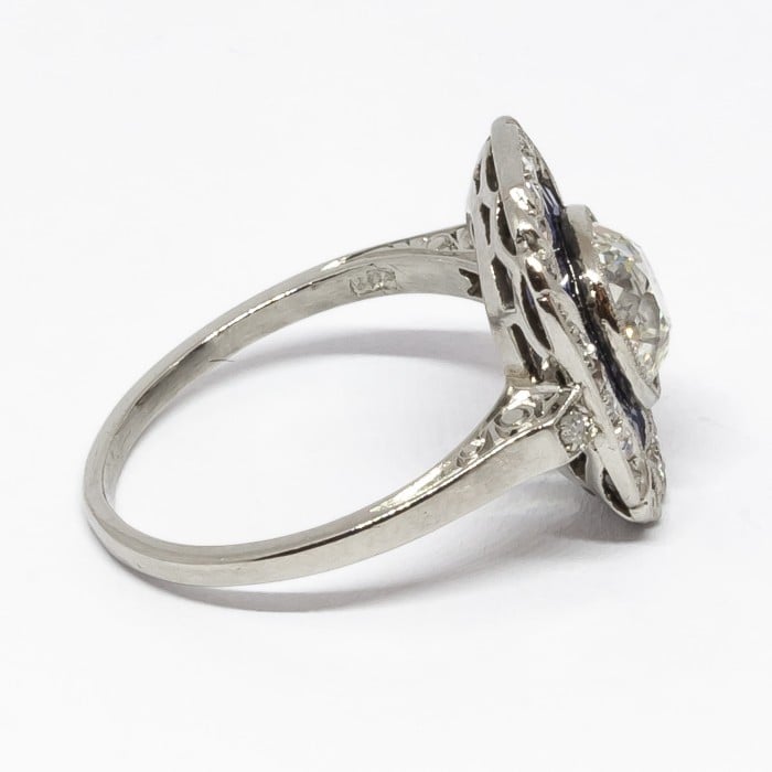 Art Deco Sapphire Diamond and Platinum Ring, 1.30ct