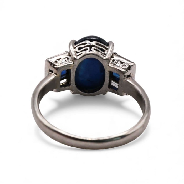 Art Deco Style Cabochon Sapphire, Diamond and Platinum Ring