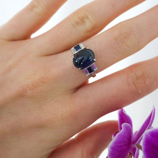 Art Deco Style Cabochon Sapphire, Diamond and Platinum Ring