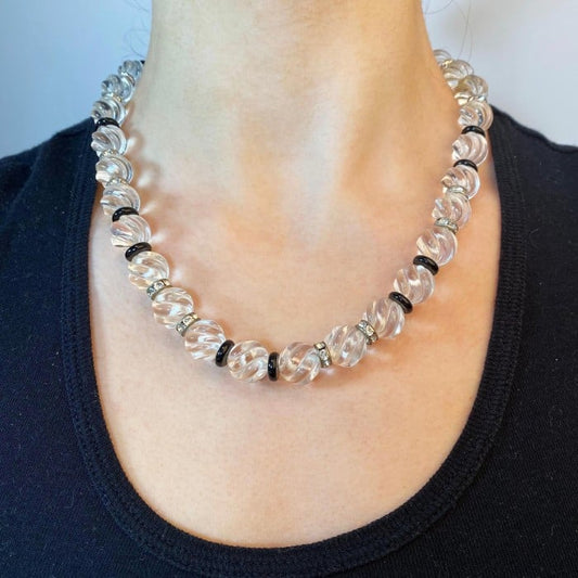 Carved Rock Crystal and Black Onyx Necklace