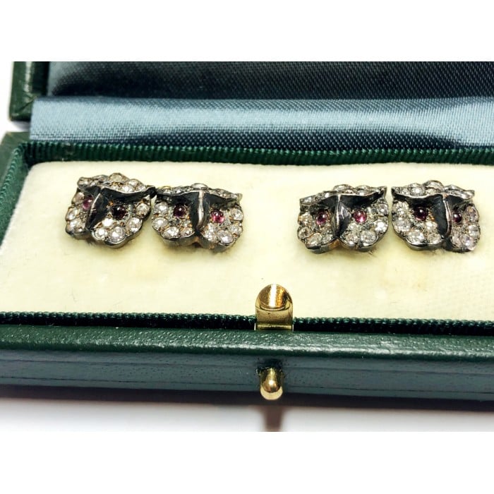 Diamond Ruby Silver and Gold Owl Cufflinks, Circa 1970