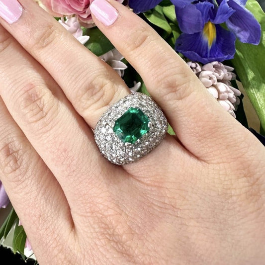 Emerald Diamond and 18ct White Gold Bombé Cluster Ring