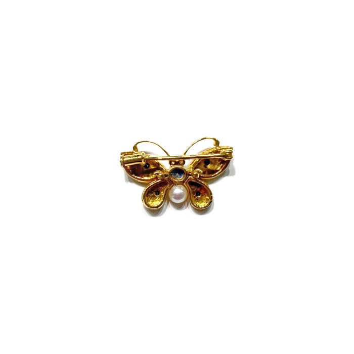 Enamel Sapphire Diamond Pearl and Gold Butterfly Brooch