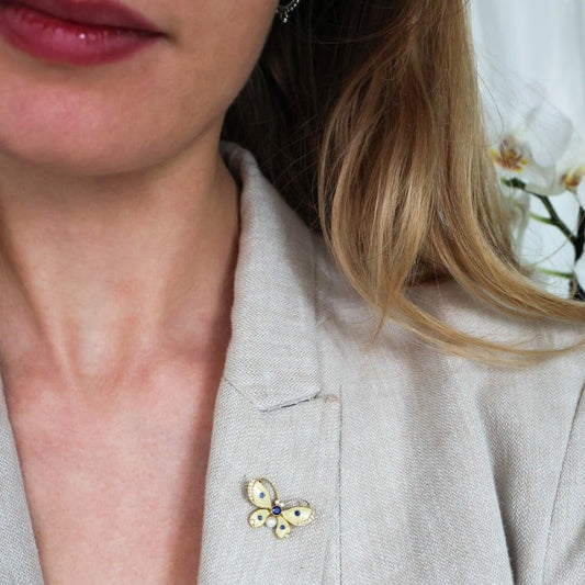 Enamel Sapphire Diamond Pearl and Gold Butterfly Brooch