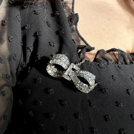French Antique Diamond and Silver Upon Gold Bow Brooch, Circa 1880