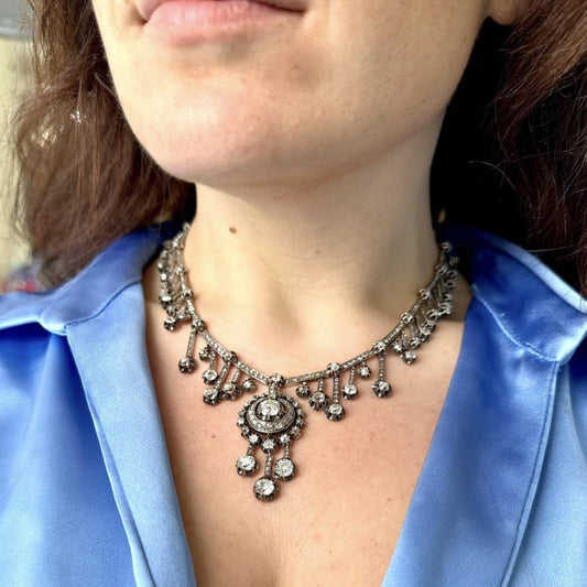 French Antique Fraumont Diamond, Silver and Gold Necklace and Earrings Suite, Circa 1855