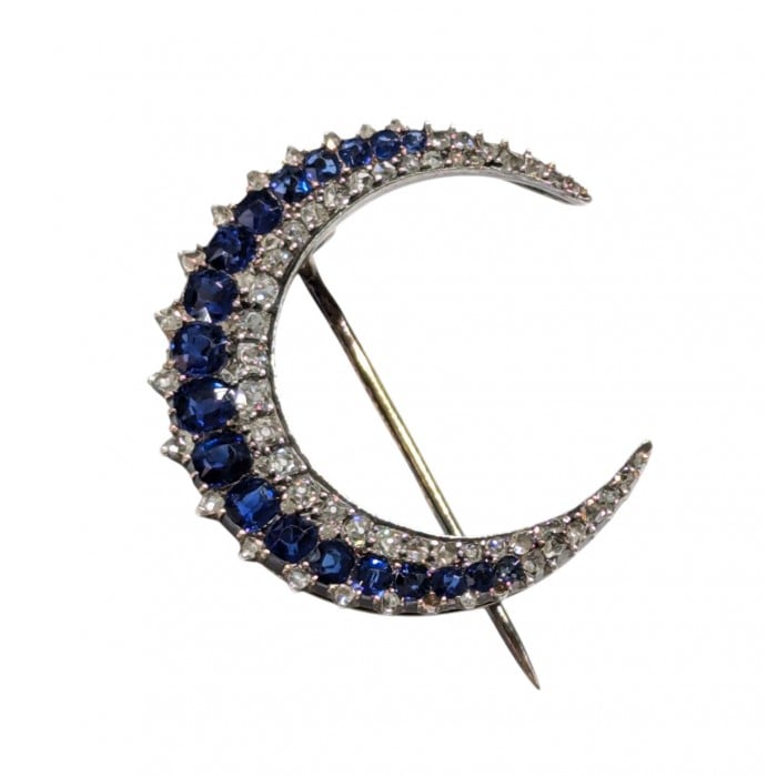 French Antique Sapphire Diamond and Silver Upon Gold Crescent Brooch, Circa 1890