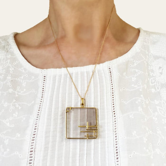 French Retro Modernist Smoky Quartz and Gold Pendant, Circa 1970
