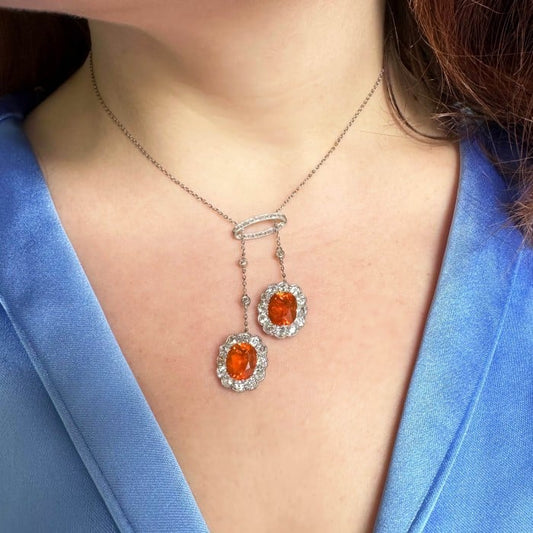 Garrards Fire Opal, Diamond and Platinum Drop Earrings and Negligee Pendant Set, Circa 1920