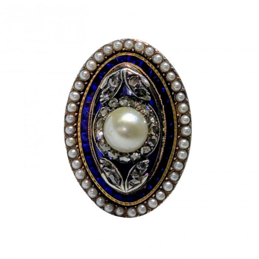Georgian Bague à l'Enfantement Pearl Diamond Enamel Silver and Gold Ring, Circa 1790