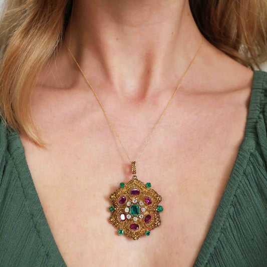 Georgian Ruby Emerald Diamond and Gold Cannetille Brooch-Cum-Pendant, Circa 1830