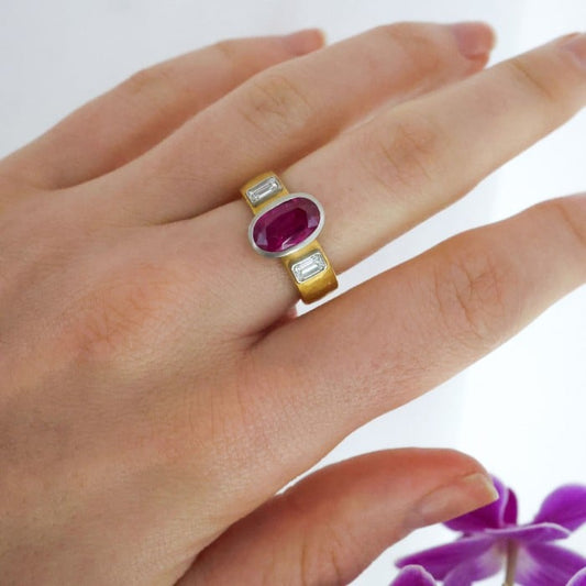 Late 20th Century Ruby Diamond Platinum and 22ct Gold Ring, 1.86 Carats, 1999
