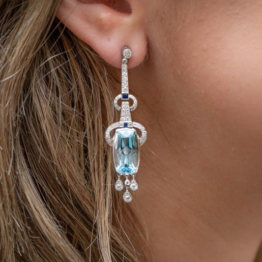 Modern Aquamarine, Sapphire, Diamond and Platinum Earrings